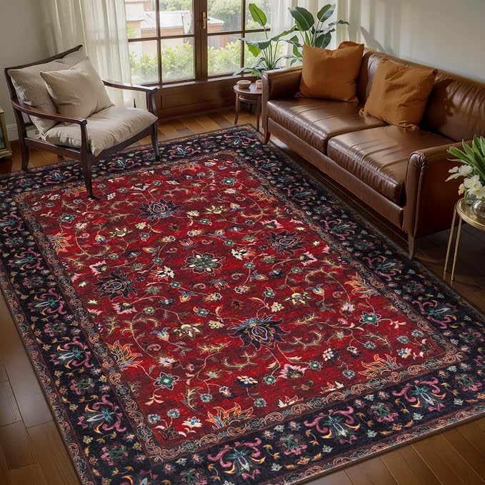 Tangsoo Red 4x6 Washable Area Rug, Vintage Indoor Rugs for Living Room, Non Slip Machine Washable Large Rugs, Soft Print Red Oriental Carpet for Bedroom Dining Room Dorm Office