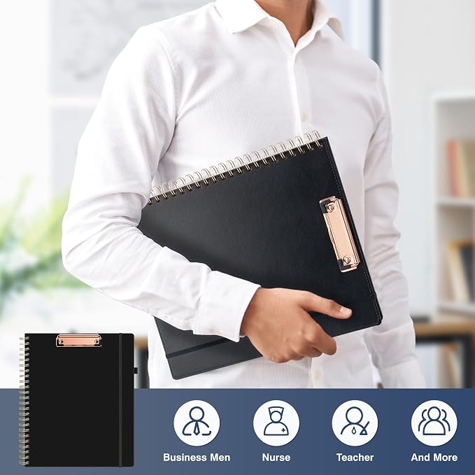 Ospelelf Clipboard with Storage Spiral Clipboard Folio for Letter Size,Organizer Folder with Zipper Pouch and 5 Dividers,Leather Portfolio for Office, School Black