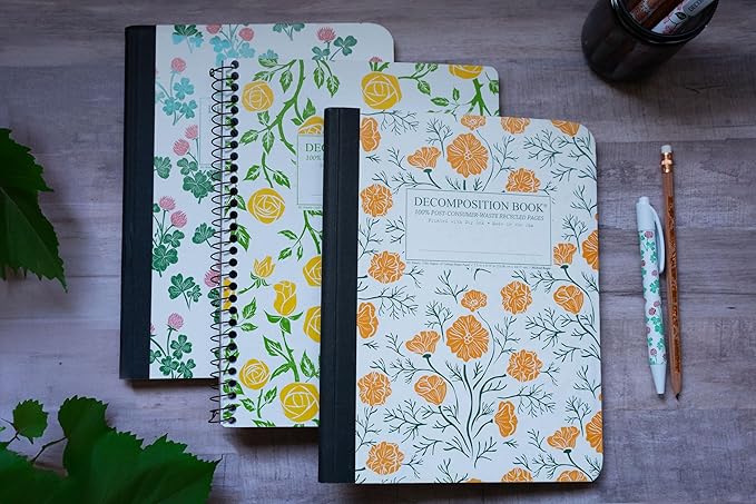 Decomposition 3-Pack Floral College Ruled Notebook - 9.75 x 7.5 Journal, 160 Lined Pages - 100% Recycled Paper - Notebooks for School Supplies, Home & Office - Made in USA