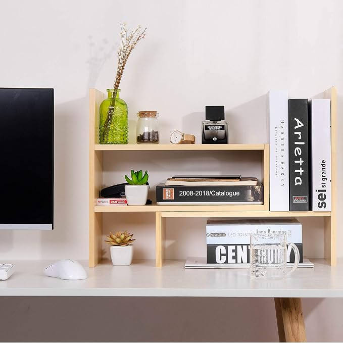 Desktop Organizer Office Storage Rack Adjustable Natural Wood Display Book Shelf Stand Rack Wood Caddy Desk Organizer Set Office Storage Expandable Tabletop