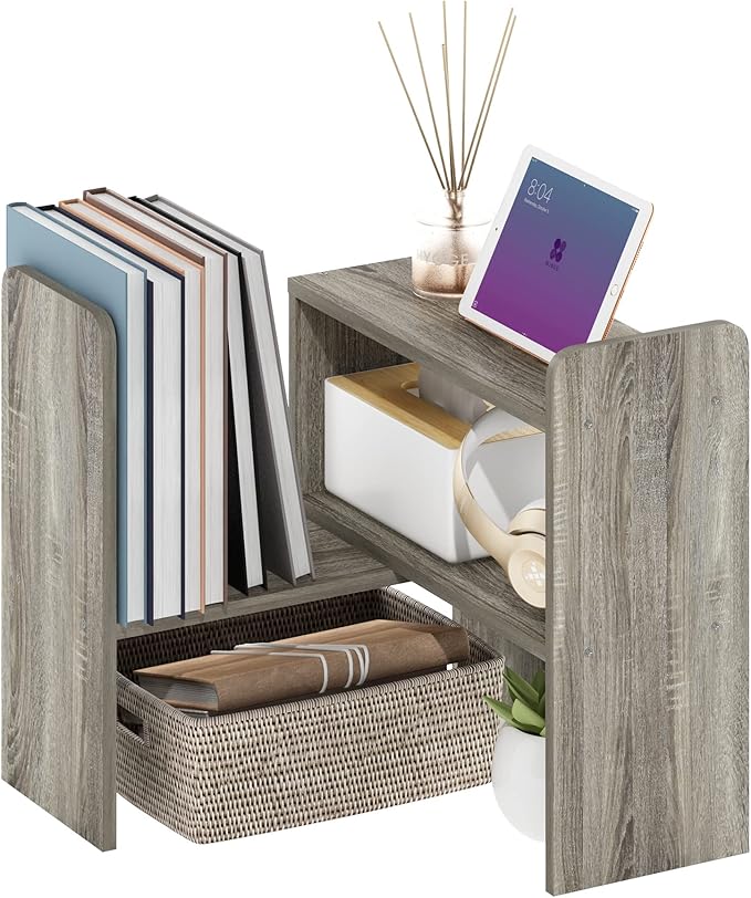 Furinno Classic Geometric Desk Organizers and Accessories, Grey Oak | Desk Top Book Shelf, for Office Supplies, Organization, Desk Accessories