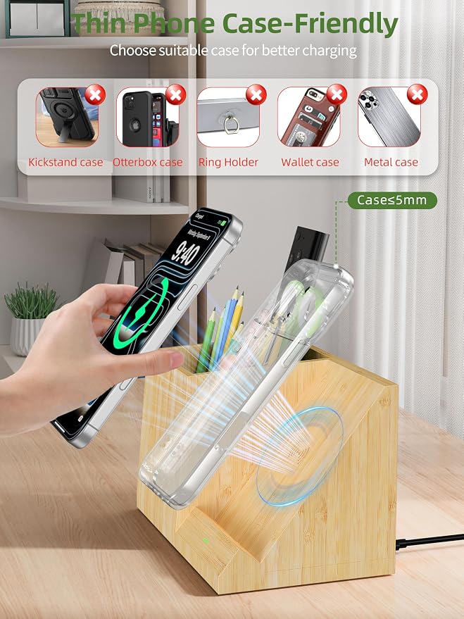 Bamboo Pen Holder for Desk with Wireless Charger, Desktop Organizer & Pencil Holder, Fast Wireless Charging Stand for iPhone, Samsung & More, Multifunctional Pen Organizer for Office, School, Home