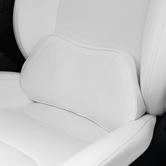 Car Lumbar Support Pillow for Driving Seat, White, 1 Pack | Leather Memory Foam Lumbar Cushion for Lower Back Pain Relief, Universal Back Support for Driving, Home & Office Chairs