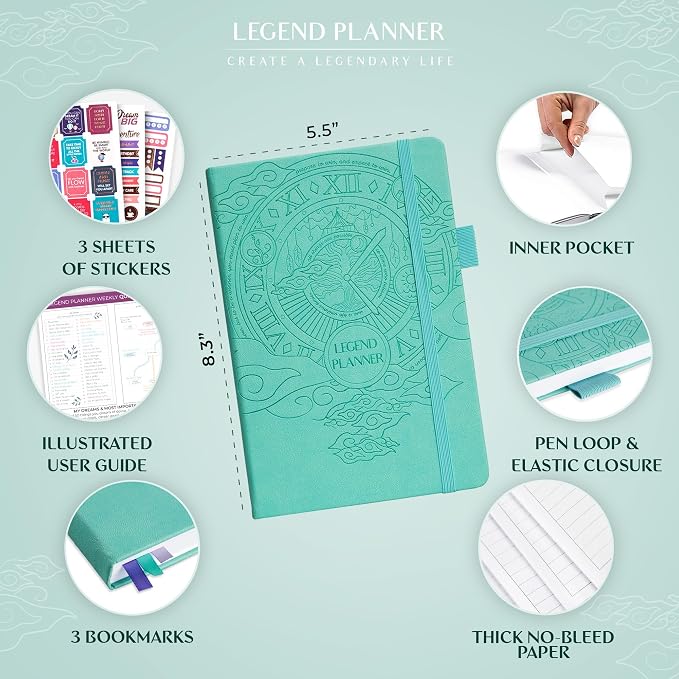 Legend Undated Weekly Planner – Goal Planner Journal & Organizer Notebook – Agenda Book with Monthly Calendar & To-Do List, A5 (Aquamarine)