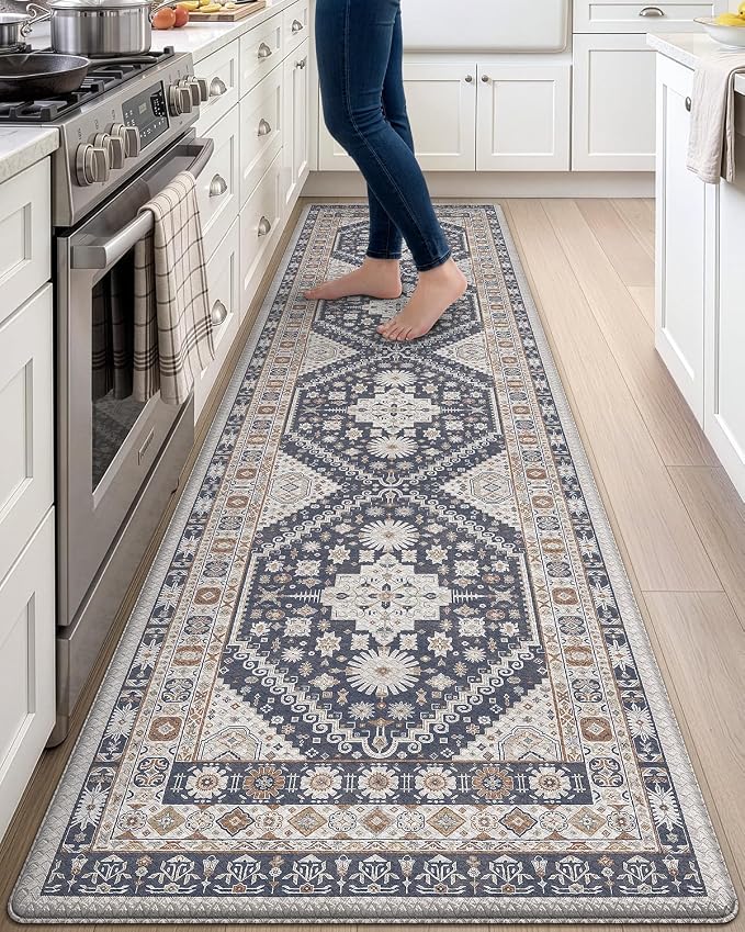 DEXI Kitchen Floor Mats Anti Fatigue, 23x107 Large Cushioned Vintage Runner Rug Waterproof, Standing Comfort Memory Foam Padded for Front Sink Laundry Office, White Grey