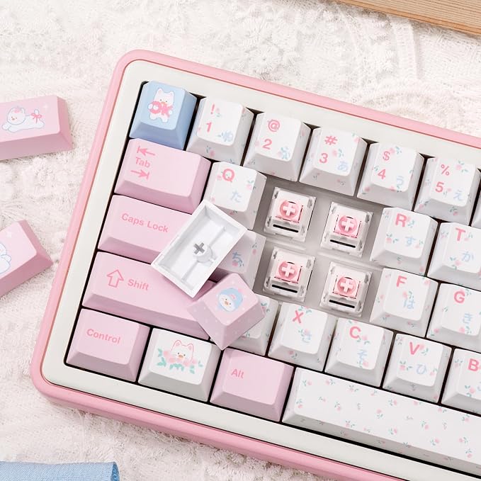 PBT Japanese Keycaps, Pink White Keycap, Floral Prints Custom Keycap Set 145 Full Keys, Cute Keycaps, Cherry Profile Keyboard Key Cap for Cherry Gateron MX Switches Mechanical Keyboard