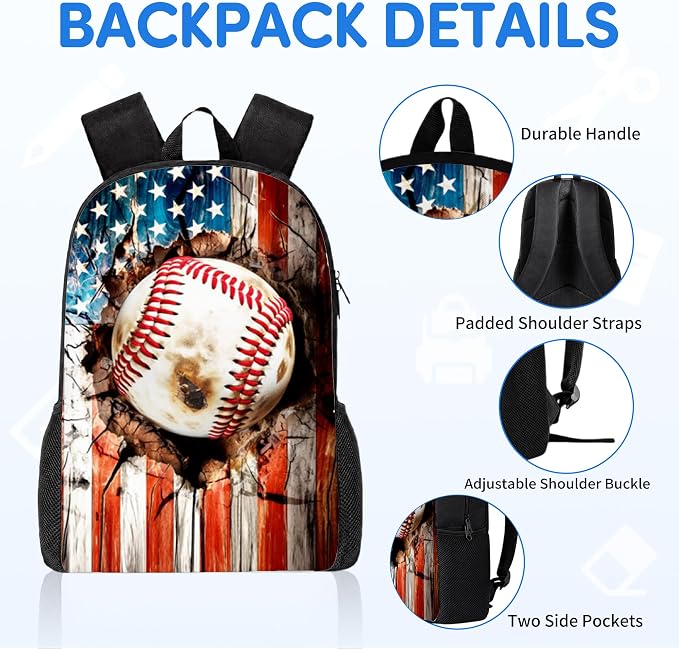 3PCS Baseball Print Backpack for Boys Girls Teens, School Backpack with Lunch Box Pencil Case for Elementary Middle High Students, 17 Inch Lightweight Bookpack 3 in 1 Set Back to Shool Gifts for Kids