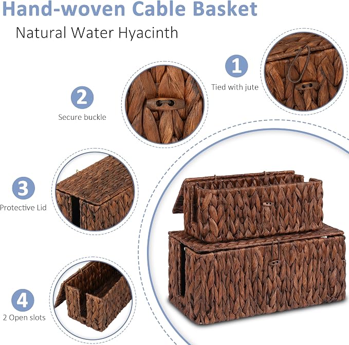 efluky 2 Pack Water Hyacinth Floor Cord Covers with Lid, Hand-Woven Cable Management Box, 2 Open Slots Cord Box to to Hide USB Wire, Power Strip & Charger for Home & Office and Dorm, Brown