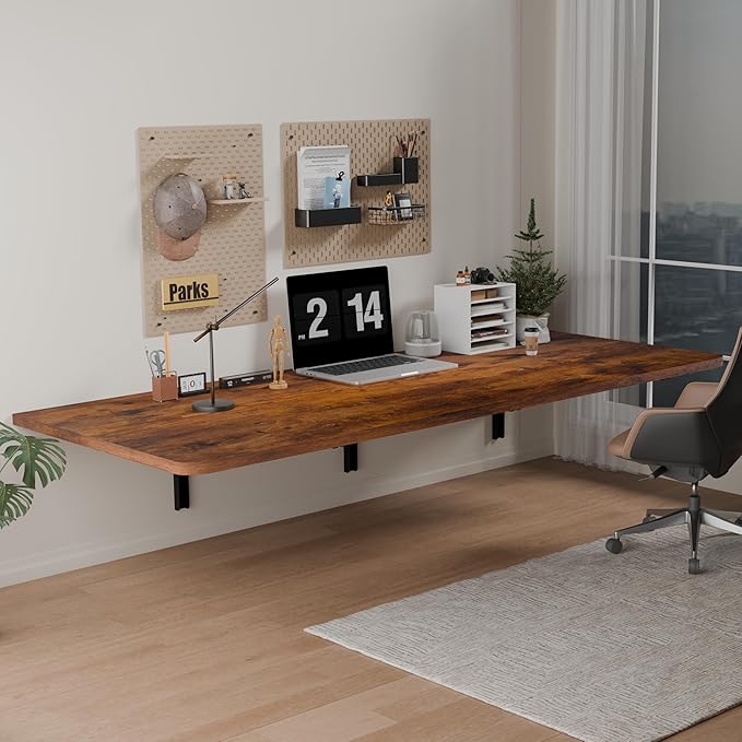 IAE 48" x 22" Floating Foldable Desk,Wall-Mounted Folding Computer Table with Engineered Wood,Study Table with Shelf Brackets,Fold Down Shelf,Fold Computer Desk for Small Spaces,Holds 500 lb,Rustic