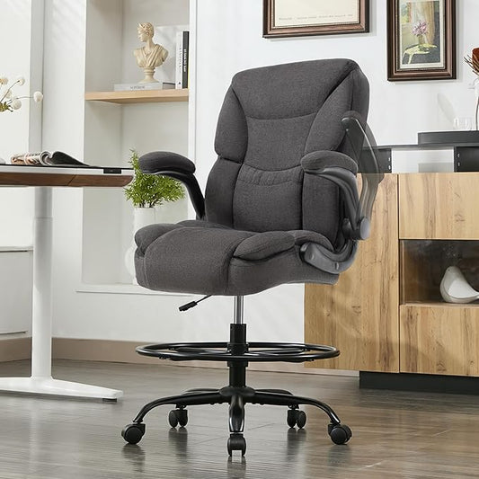 500LBS Drafting Chair, High Back Safer Standing Desk Chair, Executive Tall Office Chair with Flip-up Armrests, Upholstered Fabric Task Chair, Ergonomic Seat with Adjustable Height&Foot Ring, Black