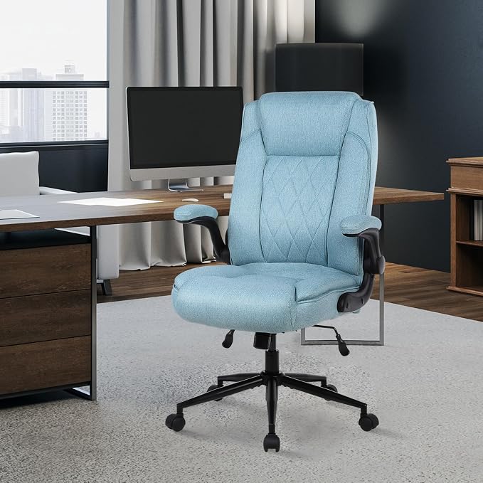 ralex-chair Big and Tall Office Chair -500 lb Office Chair for Big Man, Fabric High Back Office Desk Chair with 120° Tilt Rock,Computer Desk Chair with flip up arm - Light Blue