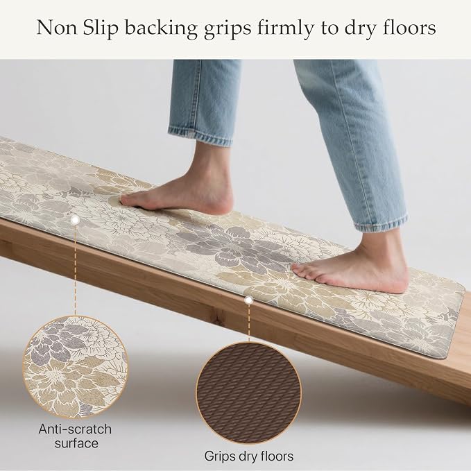 GENIMO Anti Fatigue Kitchen Mats for Floor 2PCS, Cushioned Standing Mats | 17.3"x47"&17.3"x30", Milky White vintage floral rug set, waterproof, non slip, easy-clean for farmhouse