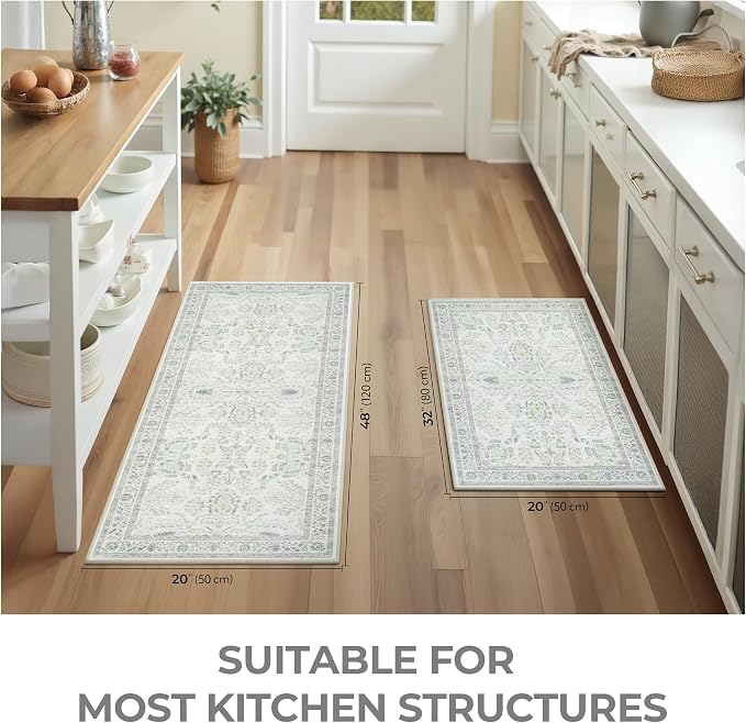 GRANNY SAYS Boho Kitchen Rug Sets of 2, Non Slip Washable Faux Wool Kitchen Mats for Floor, Thick Soft Anti-Fatigue Comfort Standing Mat Runner Rugs for Hallway Laundry Room, Green & White