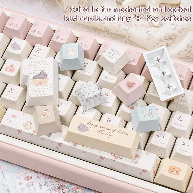 Pink Cute Rabbit Keycaps, PBT Custom Keyboard Caps, Cherry Profile Keycaps Set, Dye-Sublimation, 145 Keys for Mechanical Keyboard, Cute Key Caps Compatible with ANSI/ISO, 60% 75% 100%
