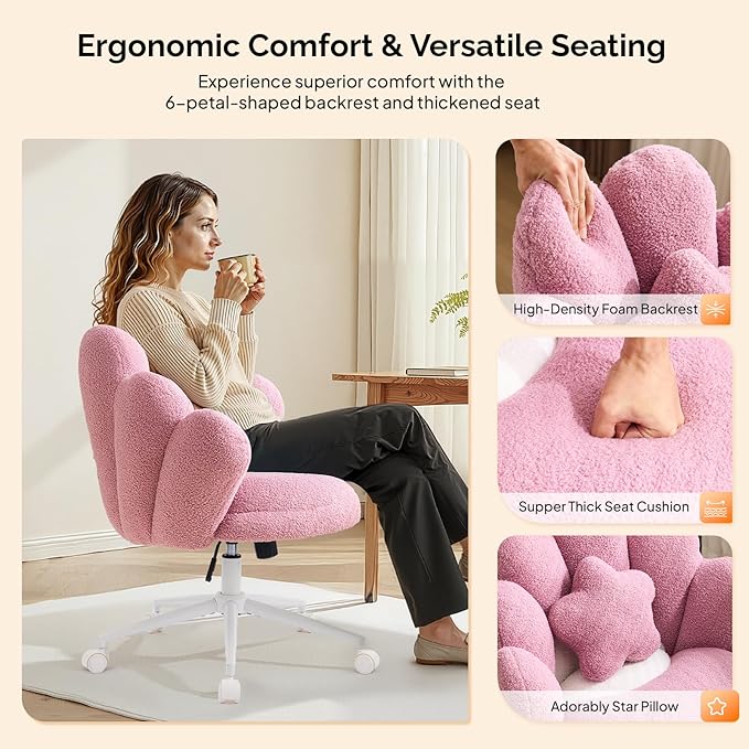 VINGLI Cute Petal Vanity Desk Chair with Star Pillow, Armless Swivel Chair in Vibrant Color-Blocking, Height Adjustable Modern Computer Task Chair for Bedroom & Home Office, Teddy Fleece,Purple
