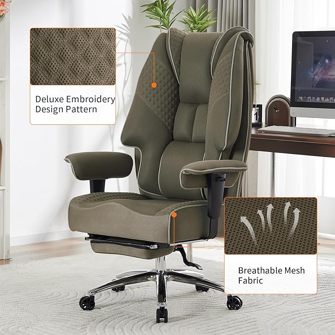 Big and Tall Office Chair 400lbs Wide Seat, Mesh High Back Executive Office Chair with Foot Rest, Ergonomic Chairs Lumbar Support for Lower Back Pain Relief (Mesh Light Green)