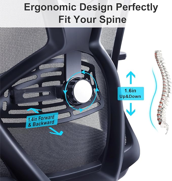Ticova Ergonomic Office Chair - High Back Desk Chair with Adjustable Lumbar Support & 3D Armrest - 130°Reclining & Rocking Mesh ComputerChair with Thick Seat Cushion & Rotatable Headrest