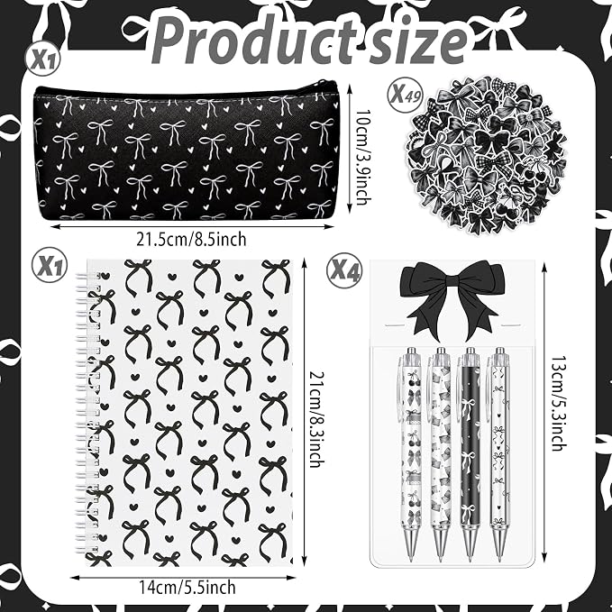 Sayglossy Black Bow Stationery Gift Coquette School Supplies Set Include Pens Aesthetic Journal Notebook Pencil Case and Stickers Preppy Back to School Supplies for Girl Students