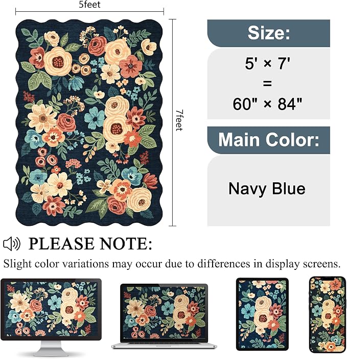 DUKINO 5x7 Area Rug, Floral Washable Rugs for Living Room with Non Slip Backing & Non-Shedding, Lightwight Low Pile Boho Design Large Carpets for Bedroom, Living Room, Dining Room, Navy Blue