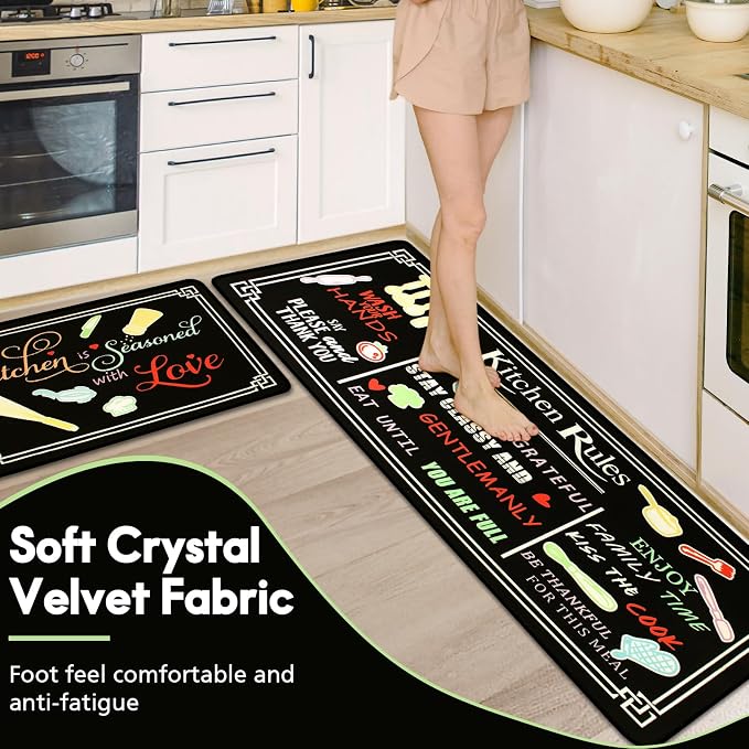 Voanos Black Kitchen Rugs,Non Skid Washable Microfiber Kitchen mats for Floor,Kitchen Rules Theme Kitchen Cushioned Runner Rug Decor Sets of 2,Size 17"x 47"+17"x 30"