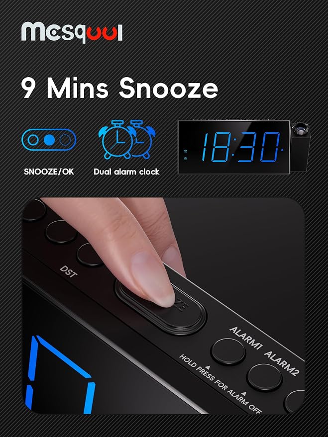 Mesqool Digital Projection Alarm Clock with Dual Alarms, 5 Levels Dimmer | 180° Rotatable Projector,12/24H & DST, Large LED, Snooze, with Battery Backup, Loud Alarm Perfect for Heavy Sleepers