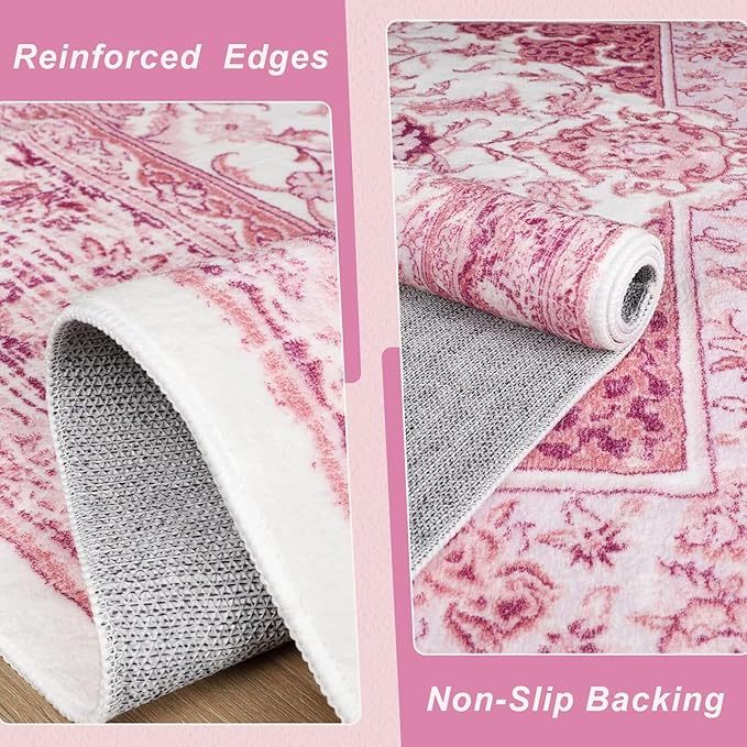 Macgace Bright Pink Area Rug for Girls Bedroom, 4x6 Machine Washable Rugs with Non-Slip Backing for Living Room, Cute Vintage Carpet for Kitchen Laundry Kids Room