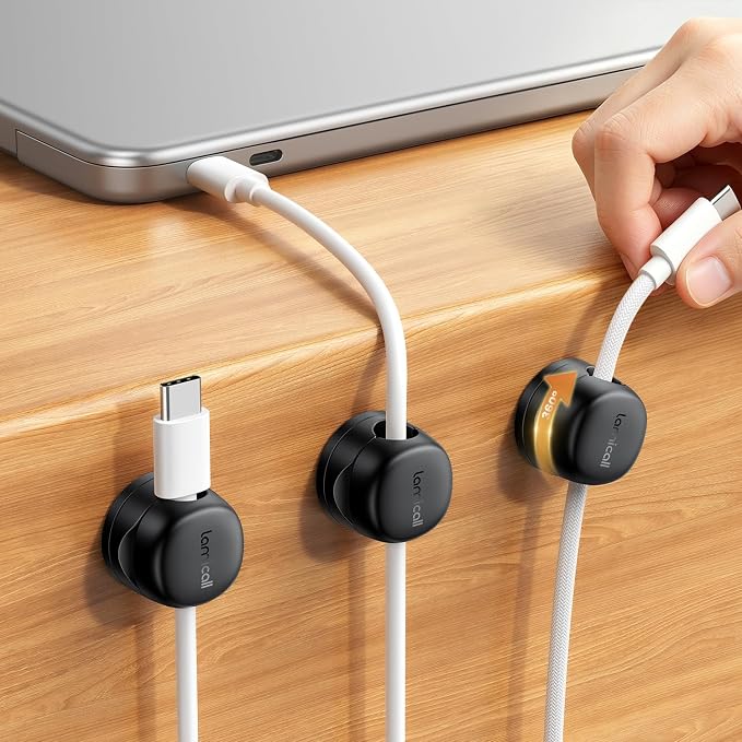 Lamicall 6 Pack Rotating Magnetic Cord Organizer Clips Cable Management - Adhesive Phone Charger Cord Holder for Desk Nightstand Wall Car RV, Office Home College Dorm Room Decor Accessories, Black