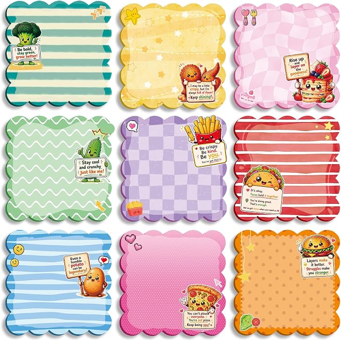 9 Pcs Scalloped Aesthetic Sticky Notes 3x3 Inch Vintage Colors Cute Wavy Self Sticky Note Pads Memo Pads for Journal School Office Supplies Decoupage Craft Stationery Gift (Cartoon)
