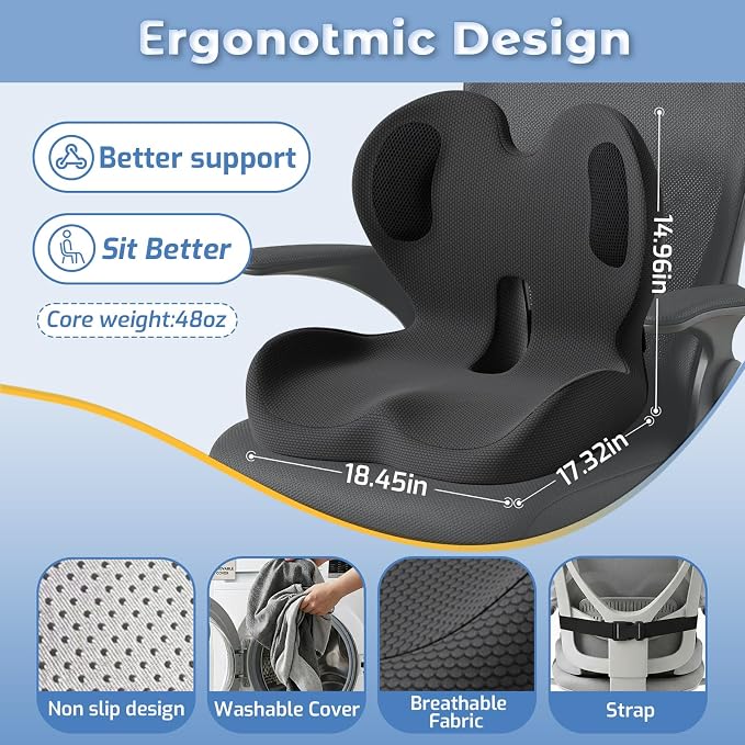 Seat Cushion,Memory Foam Chair Cushion for Office and Car,Ergonomic Coccyx Seat Cushion for Tailbone,Sciatic Nerve,Lower Back Pressure Relief,Lumbar Support Pilow for Office,Car,Truck,Desk Chair