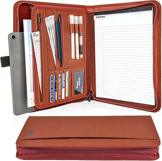 Premium Vegan Leather Portfolio Organizer Business Folder - Zippered Padfolio with Zipper Closure Pad Holder Compatible with Legal Pads 8.5 x 11 Inch for Women & Men (Brown)