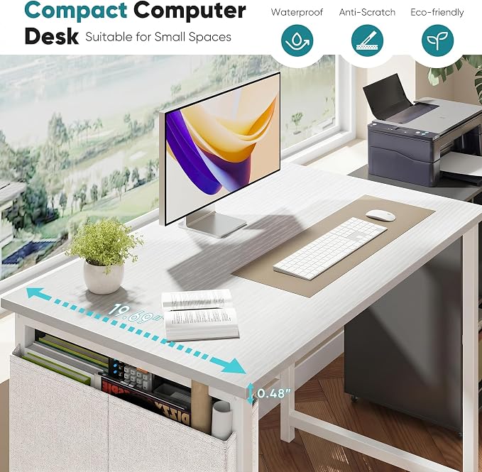 OLIXIS Small Computer Desk, 40 Inch Home Office Desks, Writing Study Craft Work Gaming Table, Computer Workstation for Bedroom Small Spaces with Storage Bag and Headphone Hook, White