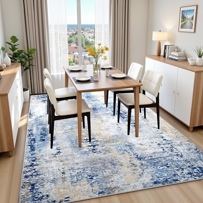 Macgace Washable Abstract Rug, 6x9 Modern Area Rugs with Non-Slip Rubber Backed for Living Room, Thin but Soft Contemporary Carpet Kitchen Bedroom Dining Room Decor, Midnight Blue