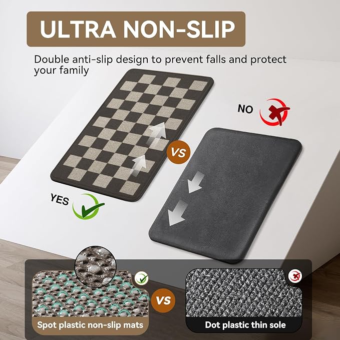 YDKGL Kitchen Mats for Floor, Super Absorbent Kitchen Rugs Non Slip Washable, Linen-Look Woven Cushion Kitchen Runner Rug, Kitchen Sink Standing Mat, Black Beige Checkered 17"x30"