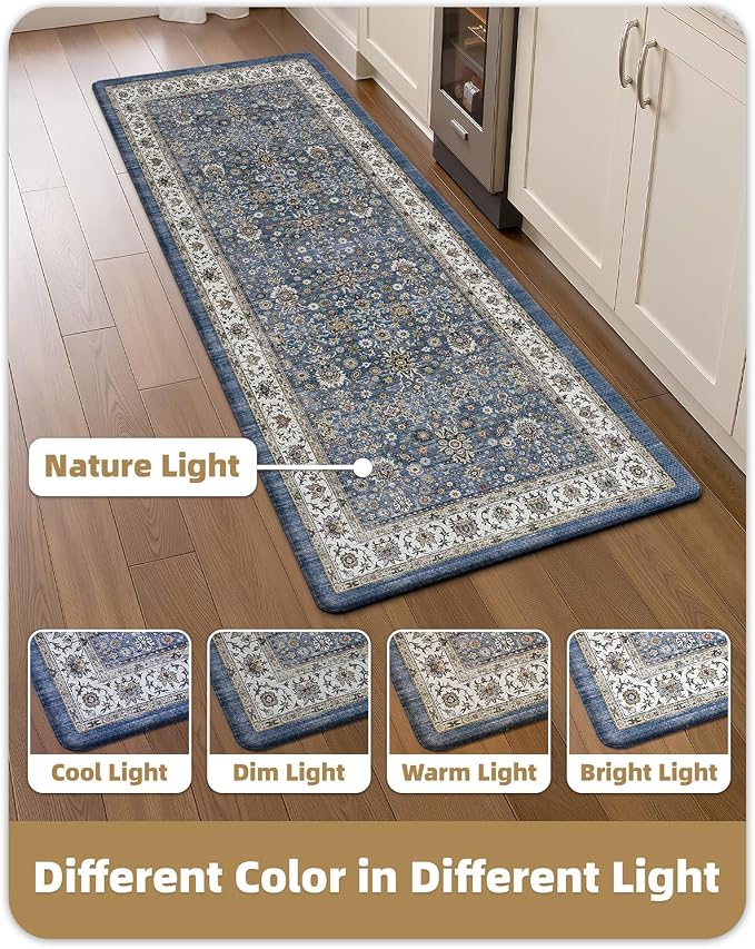 Color&Geometry Kitchen Floor Mat 24x59 Faded Vintage Anti Fatigue, Blue | 0.4in Cushion Standing Mat For Cooking/Working/Laundry, Boho Decor, Non Slip PVC Kitchen Rug, Oil/Water Proof, Anti Slip