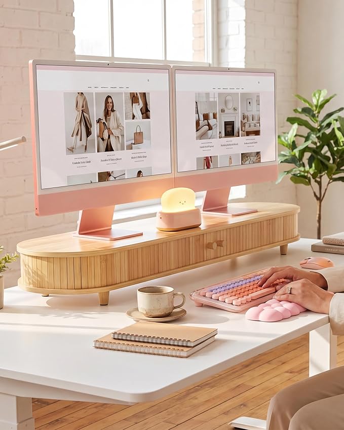 Bamboo Dual Monitor Stand with Storage, Curved Double Computer Laptop Stand Desk Shelf Organizer with Sliding Doors (42 inch)
