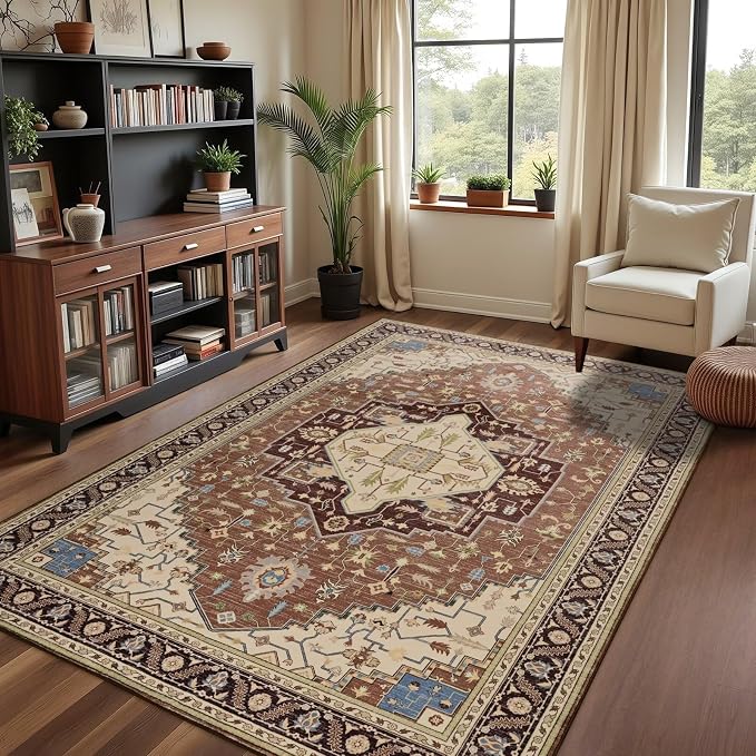Macgace 5x7 Mousse Brown Area Rug for Living Room, Machine Washable Rugs with Non-Slip Backing for Bedroom, Vintage Medallion Carpet Dining Room Office Kids Room Decor