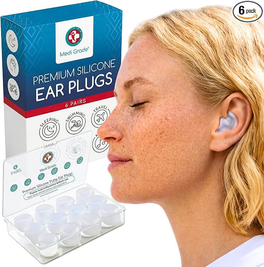 Silicone Ear Plugs for Sleeping [9 Pairs] by Medi Grade - Custom Fit Soft Silicone Ear Plugs that Block Out Snoring 27dB – Noise Reduction Reusable Earbuds - Bonus Travel Cases, Ear Towel, Hair Ties