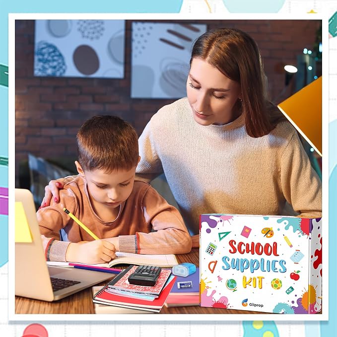 Gilprop 2 Sets School Supply Kit 97 Pcs Per Set Back to School Essentials Bundle Pencils Scissors Glue Highlighter Marker Pen Notebook Eraser Sharpener Calculator Stapler for Middle High Students