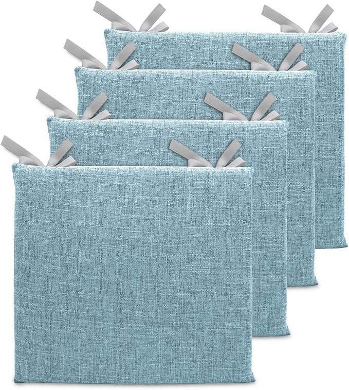 Lifup 4 Pack Chair Cushion, Square Dining Chair Pads Blue 18 x 18 Inch | Memory Foam Pads, Non-Slip, Thick, Removable Cover with Ties, Seat Cushions for Kitchen Chairs, Home Office Restaurant