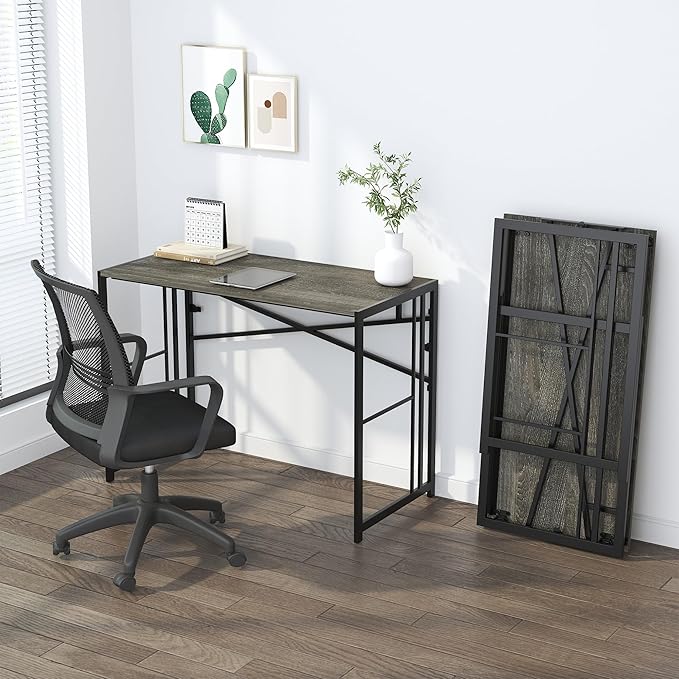 Lutown-Teen 35 inch Narrow Folding Desk, Writing Gaming Computer Camping Desk for Small Spaces, No Assembly Required Home Office Table, Black Oak