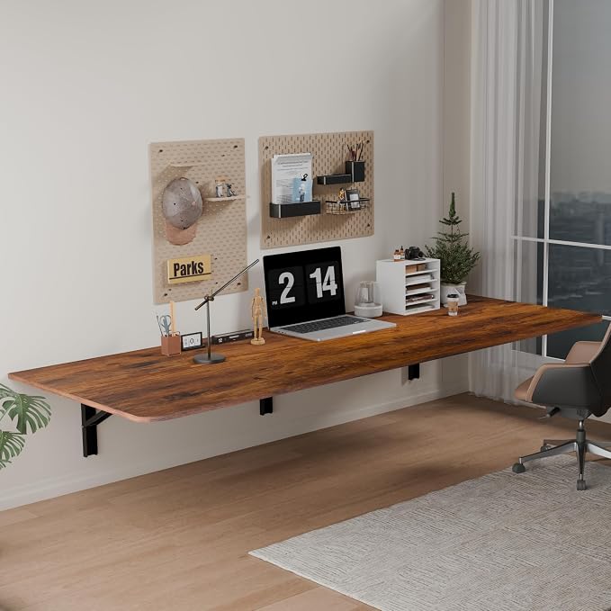 IAE 60" x 22" Floating Foldable Desk,Wall-Mounted Folding Computer Table with Engineered Wood,Study Table with Shelf Brackets,Fold Down Shelf,Fold Computer Desk for Small Apartment,Holds 500 lb,Rustic