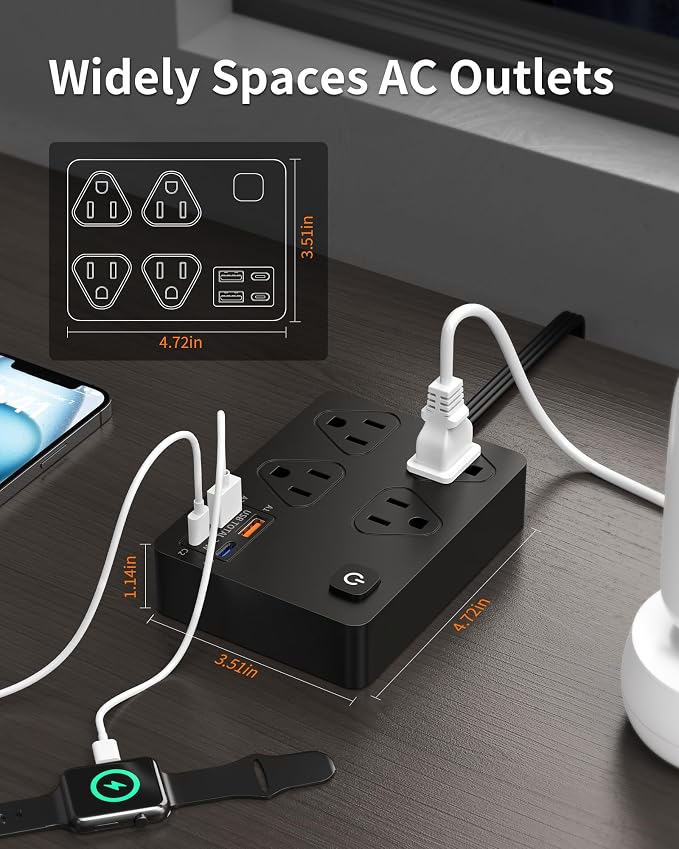 Power Strip Flat Plug with 4 AC Outlets 4 USB Ports (20W), Surge Protector Charging Station with Overload Protection, 6Ft Flat Plug Extension Cord, Fast Charging for Office Dorm Room