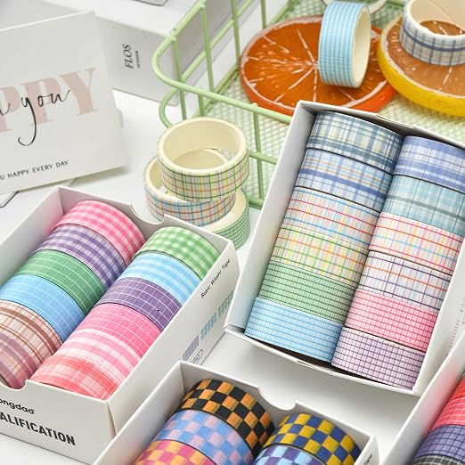 12 Rolls Grid Washi Tape Set Plaid Arts Adhesive Tapes Basic Patterns Decorative Masking Tape Sets for Craft, Kids, Scrapbook, DIY, Gift Wrapping (Style Three)