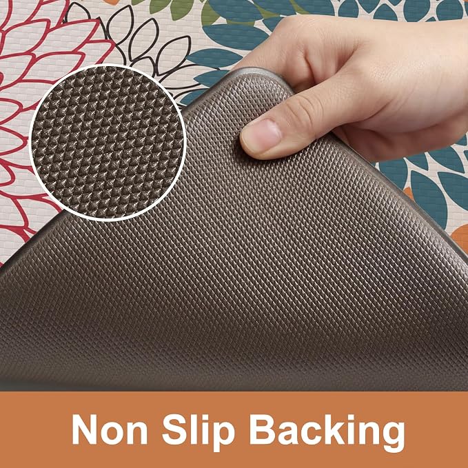 KIMODE Anti Fatigue Kitchen Mats for Floor 2PCS, Cushioned Standing Mats | 17"x47"+17"x29",Dahlia Floral,orange, Boho Floor Mats set of 2,Non Slip,Waterproof,Comfort Mat for Sink Office Laundry home