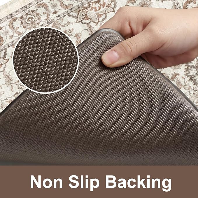 KIMODE Anti Fatigue Kitchen Mats for Floor Cushioned Kitchen Rugs Sets of 2 | 17"x59"+17"x29",Vintage Floral,Khaki,Non-slip,Waterproof,Kitchen Rug,Comfort Foam Paded Mat for Floors Office Laundry Sink