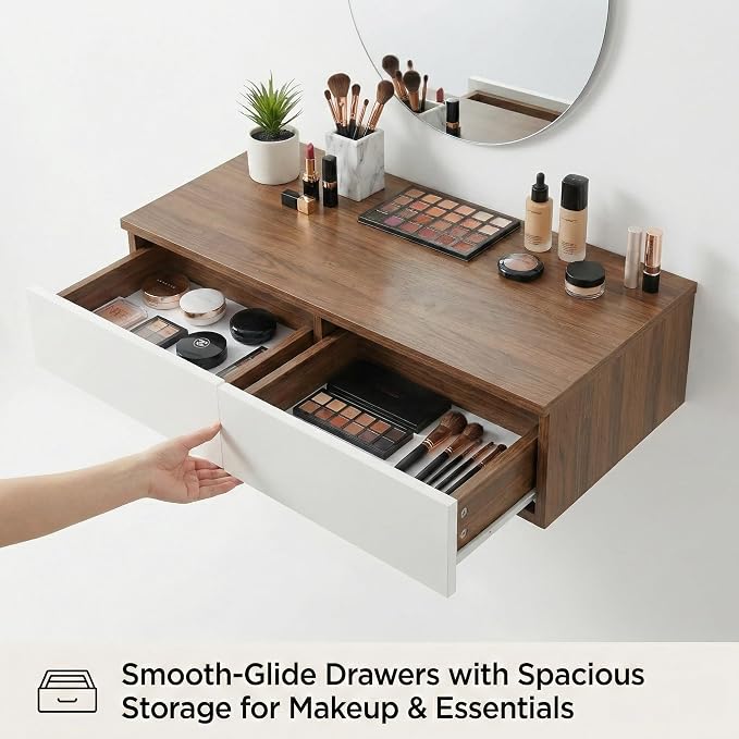 Wall Mounted Floating Vanity Desk with 2 Storage Drawers Modern MDF Makeup Table – 39.4 x 15.7 x 5.9 in (100 x 40 x 15 cm), Space-Saving Makeup Table for Bedroom or Small Spaces (Brown)