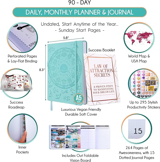90-Day Goal Planner with Daily Journal, Gratitude & Habit Tracker | Daily Planner, Productivity, Time blocking, Manifestation & Affirmations with Vision Board, Gratitude Journal for Women & Men