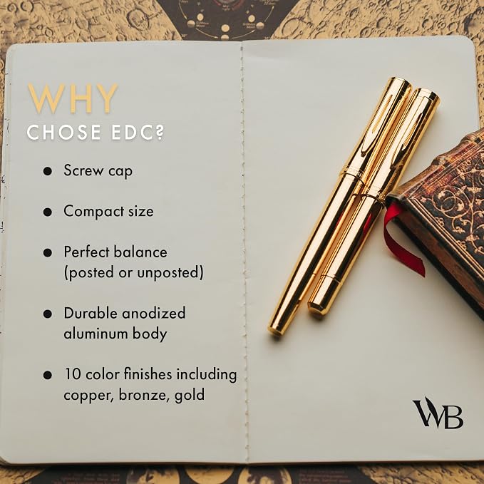 Wordsworth and Black Fountain Pen Mini EDC: Luxury Gold Heavy Pocket Pen, Gold Finish, Medium Nib, 6 Ink Cartridges, Ink Converter, Travel Refillable Writing Pen Gift Set, Men & Women