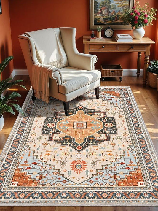 Macgace 4x6 Orange Beige Area Rug for Living Room, Machine Washable Rugs with Non-Slip Backing for Bedroom, Vintage Medallion Carpet Kitchen Laundry Kids Room Decor
