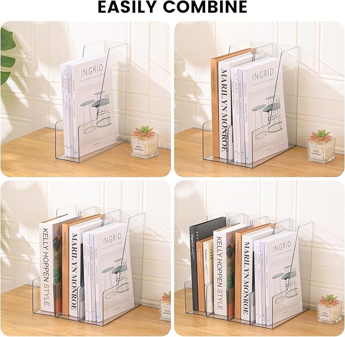 CiWiVOKi Vertical File Holder, Clear PET Desk Organizer and Storage Bins Holding for Magazines, Binders, Notebooks, Envelopes, Multi-purpose Plastic Document Organizer for Home Office, 4 pack